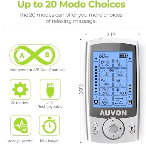 AUVON Dual Channel TENS Unit Muscle Stimulator Machine 16 Piece Set | Drug-Free Pain Relief for Shoulder, Lower Back, Knee thumbnail 4