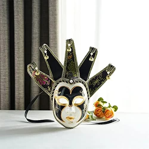 YU FENG Black Jester Mask With Bells, Venetian Masquerade Costume | Eye-Catching Carnival Mask thumbnail 4