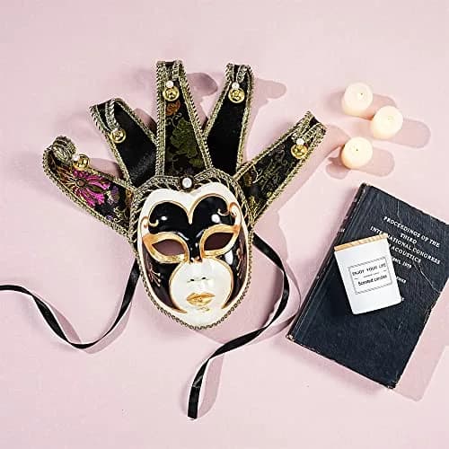 YU FENG Black Jester Mask With Bells, Venetian Masquerade Costume | Eye-Catching Carnival Mask thumbnail 5