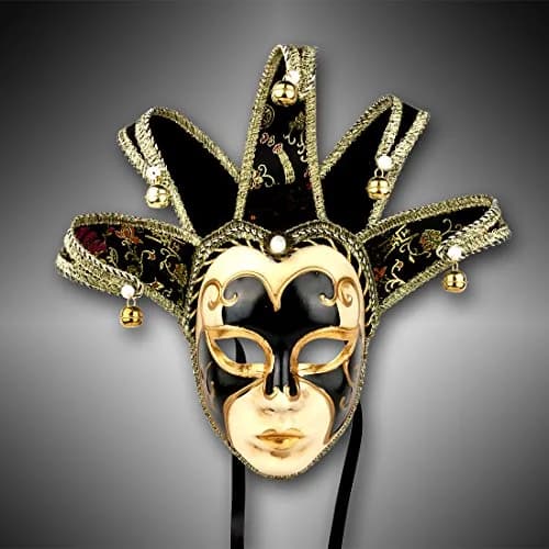 YU FENG Black Jester Mask With Bells, Venetian Masquerade Costume | Eye-Catching Carnival Mask thumbnail 2