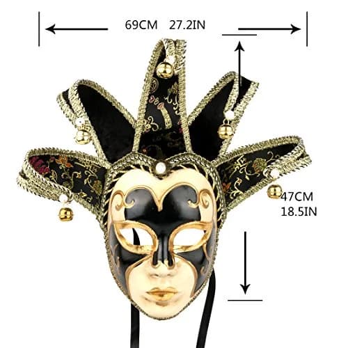 YU FENG Black Jester Mask With Bells, Venetian Masquerade Costume | Eye-Catching Carnival Mask thumbnail 3