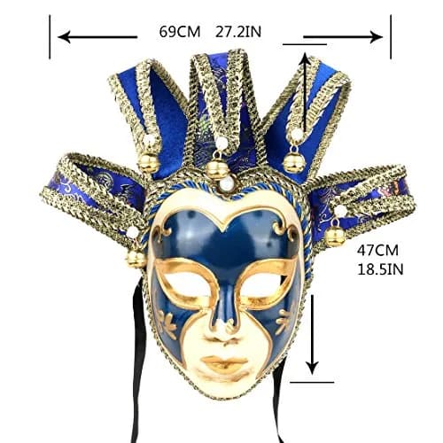 YU FENG Blue Jester Mask Venetian Masquerade Mask with Bells & Pearls, One Size thumbnail 2