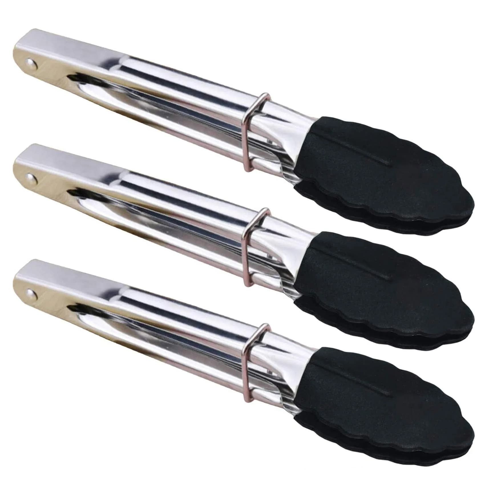 HINMAY Mini Tongs with Silicone Tips 7-Inch Kitchen Tongs, Set of 3 (Black) | Durable, Food Grade Stainless Steel & Silicone - main product image