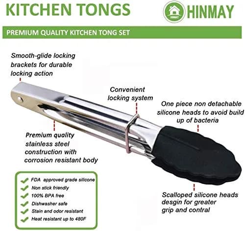 HINMAY Mini Tongs with Silicone Tips 7-Inch Kitchen Tongs, Set of 3 (Black) | Durable, Food Grade Stainless Steel & Silicone thumbnail 2