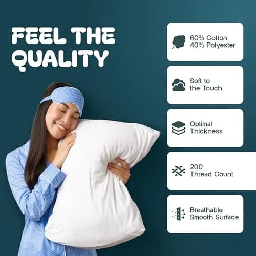 White Classic King Pillow Protector Covers with Zipper (2-Pack, 51x91 cm / 20x36 inches) | Breathable, Noiseless Cotton-Polyester Blend thumbnail 3
