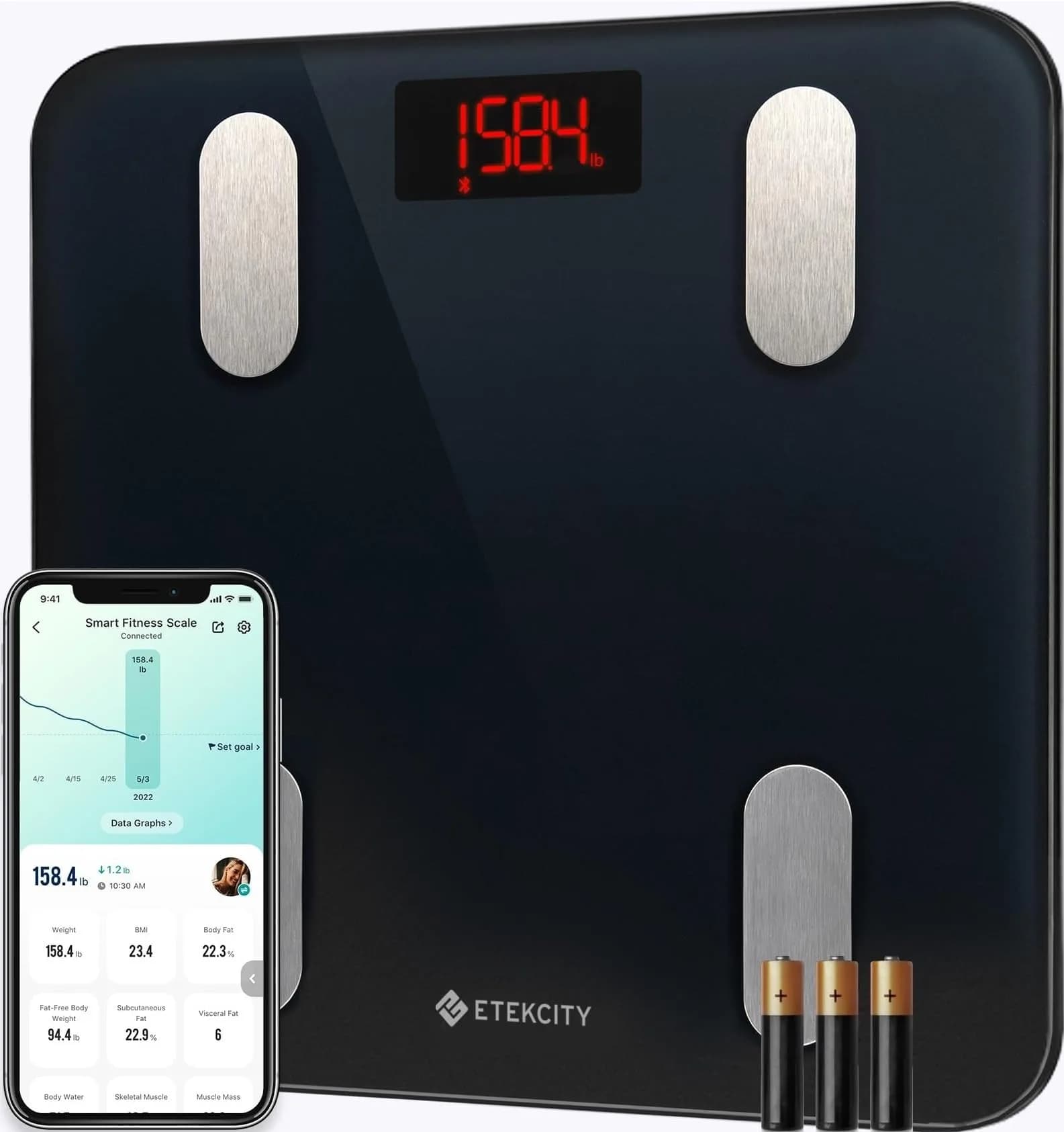 Etekcity Smart Scale for Body Weight, BMI, Body Fat, Bluetooth, Blue | Weigh Scale — Classic Black
