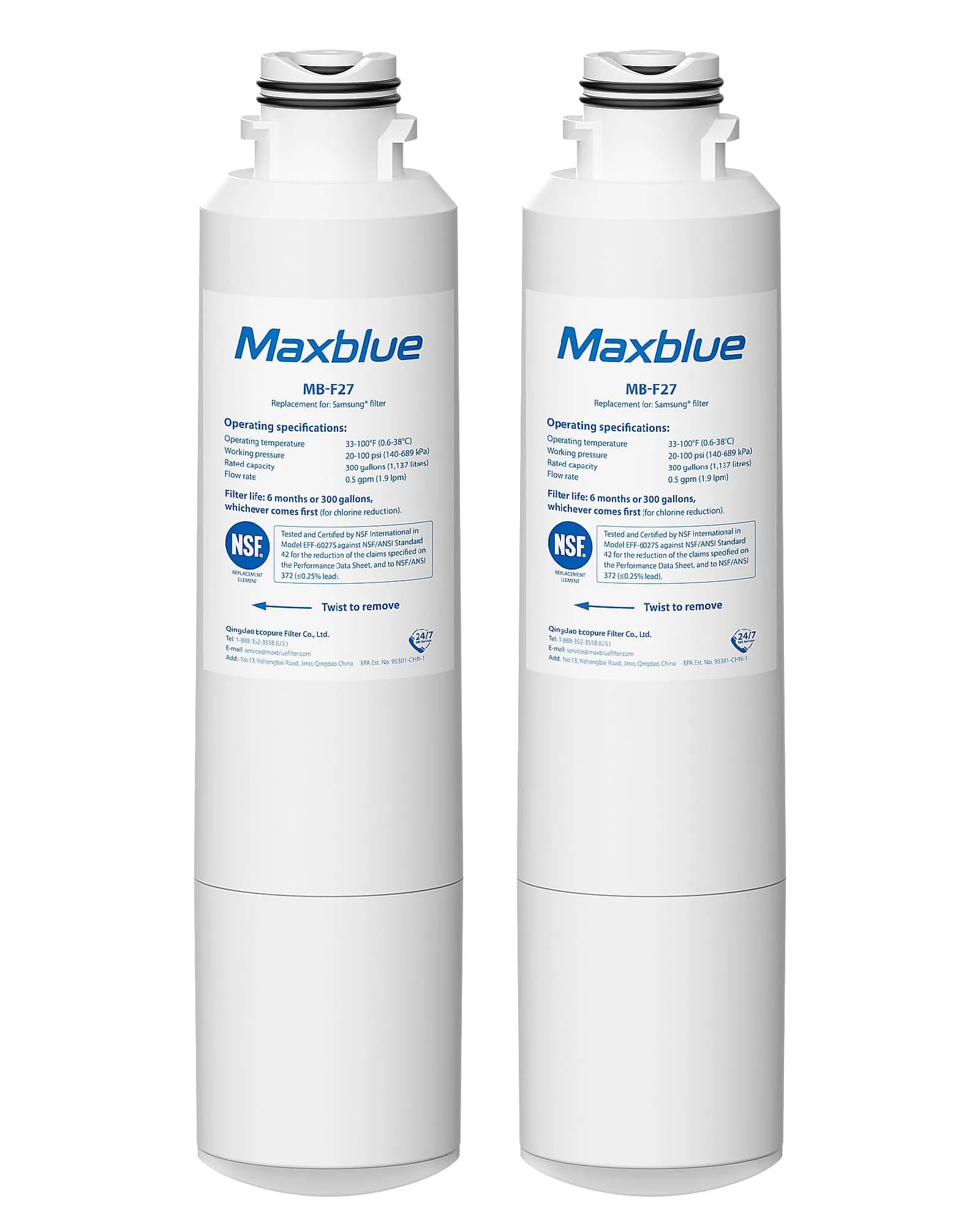 Maxblue MB-F27 Replacement for Samsung DA29-00020B Water Filter 2 Pack | NSF Certified, Lead-Free, Pure Water