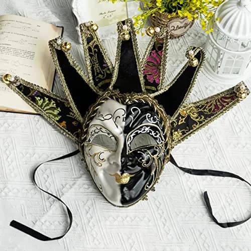 YU FENG Jester Mask Venetian Masquerade Mask, Black White Bell Costume | Full Face Carnival Mask, Hand Painted, 28.15x18.5in thumbnail 4