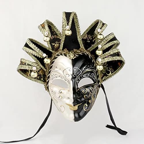 YU FENG Jester Mask Venetian Masquerade Mask, Black White Bell Costume | Full Face Carnival Mask, Hand Painted, 28.15x18.5in thumbnail 6