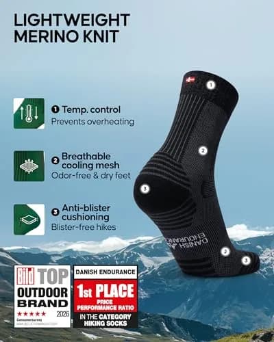DANISH ENDURANCE Merino Wool Hiking Socks, Large | Breathable & Supportive for Summer Trails thumbnail 2