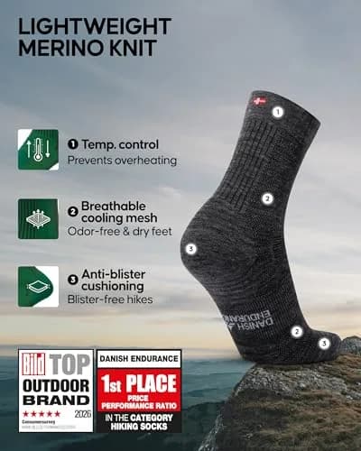 DANISH ENDURANCE Merino Wool Hiking Socks Medium | Lightweight Summer Hiking Socks for Trails, Mountains & Travel thumbnail 2