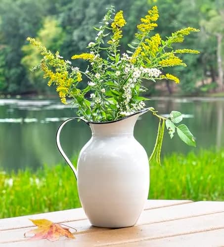 Red Co. 9.5” Decorative Vintage Metal Centerpiece Flower Vase with Handle, White/Black Rim | Farmhouse Charm thumbnail 5