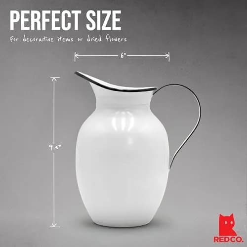 Red Co. 9.5” Decorative Vintage Metal Centerpiece Flower Vase with Handle, White/Black Rim | Farmhouse Charm thumbnail 2