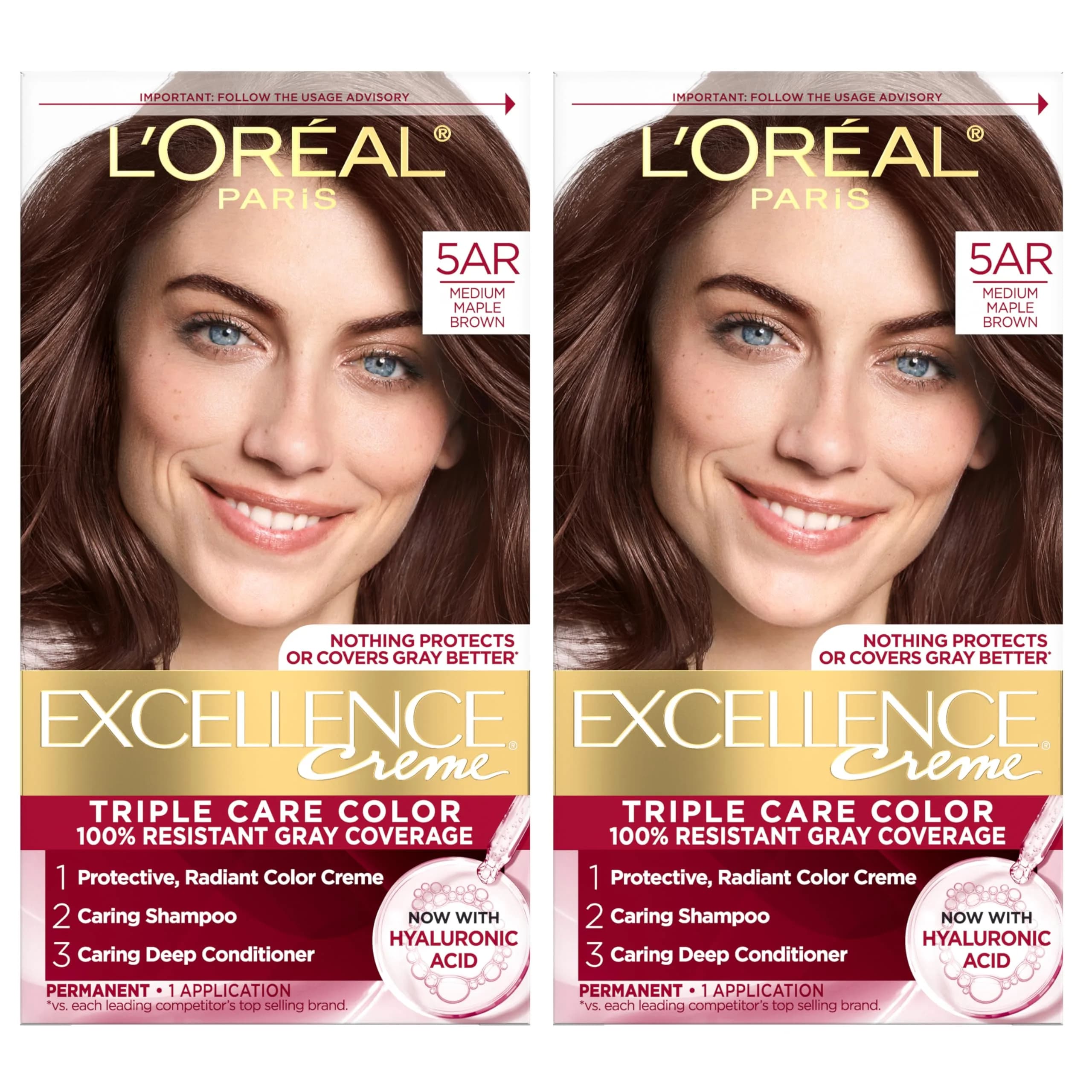 L'Oreal Paris Excellence Crème Permanent Hair Dye 5AR Medium Maple Brown, 2 Kits (Pack of 2) | Triple Care with Hyaluronic Acid for 100% Gray Coverage