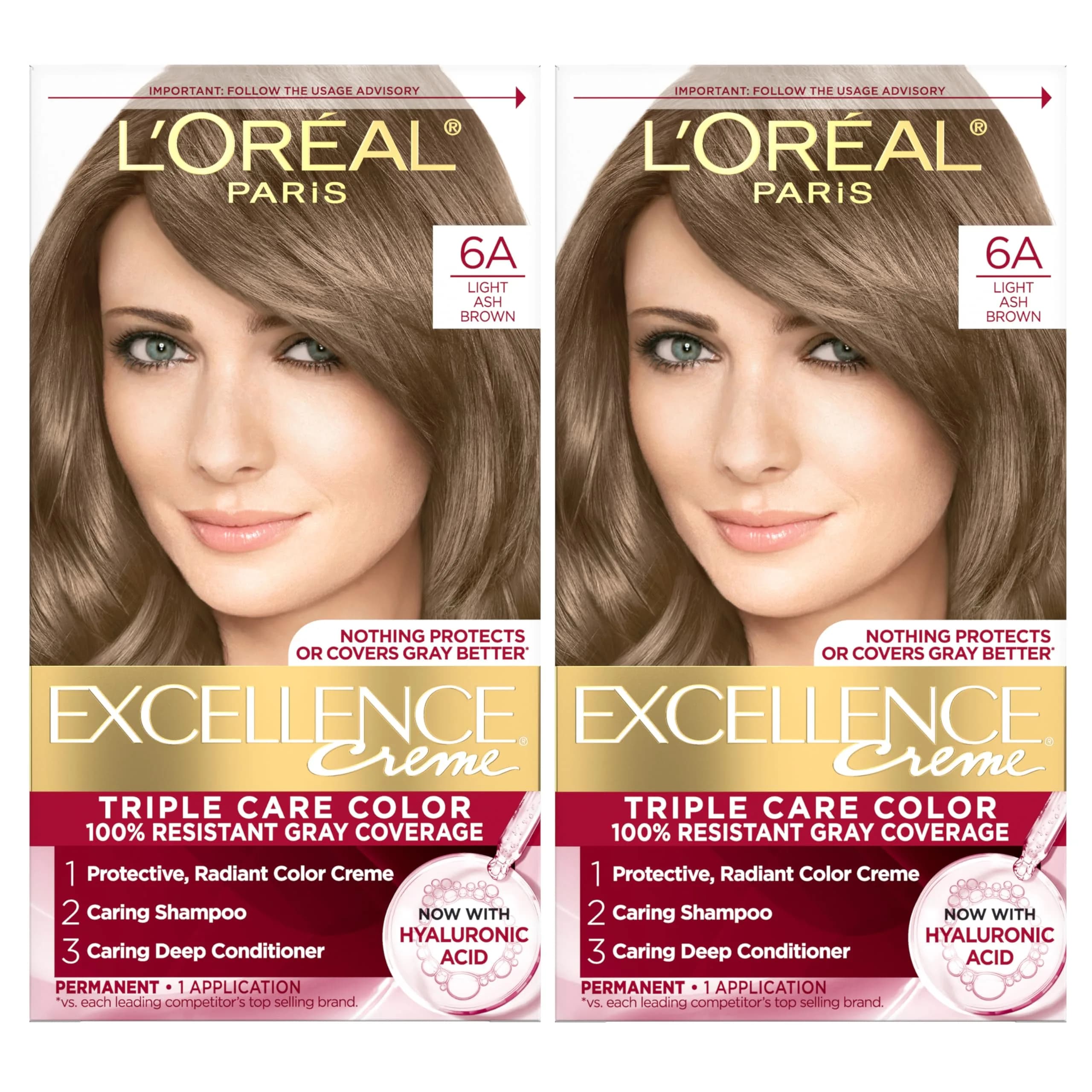 L'Oreal Paris Excellence Crème Permanent Hair Dye 6A Light Ash Brown 2 Kits | Triple Care Color with Hyaluronic Acid for 100% Gray Coverage — 6A Light Ash Brown