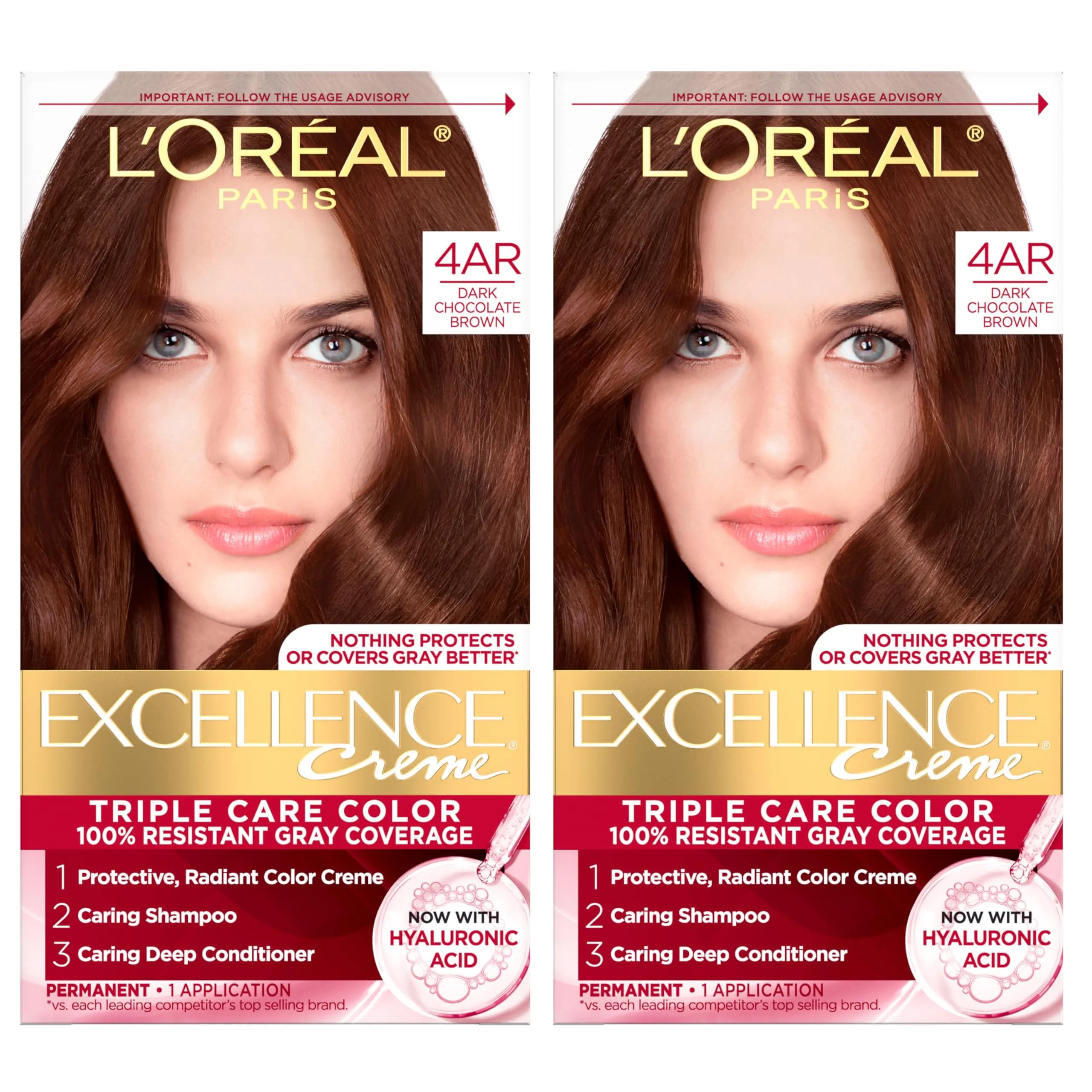 L'Oreal Paris Excellence Crème Permanent Hair Dye 4AR Dark Chocolate Brown, 2 Kits (156ml / 5.5 Fl Oz) | Triple Care Color with Hyaluronic Acid — Dark Chocolate Brown
