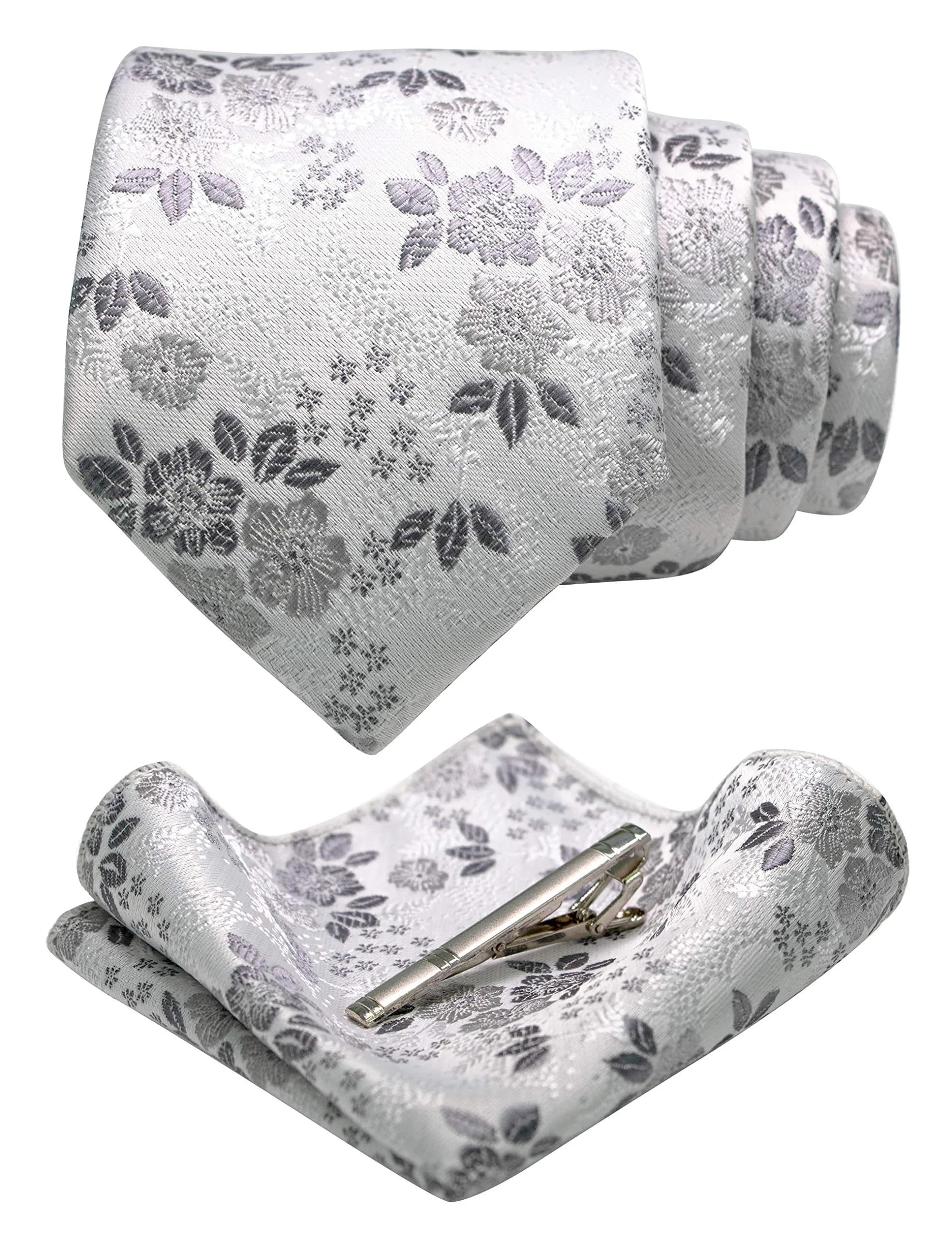 JEMYGINS Silk White Floral Necktie and Pocket Square, 147cm (58in) | Elegant Floral Design for Men - main product image