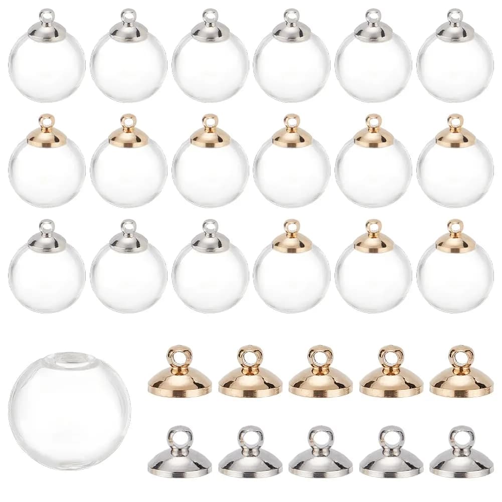 PH PandaHall 20mm Clear Glass Globe Ornaments | DIY Christmas & Wedding Decor — 30 sets Clear with caps(16mm)