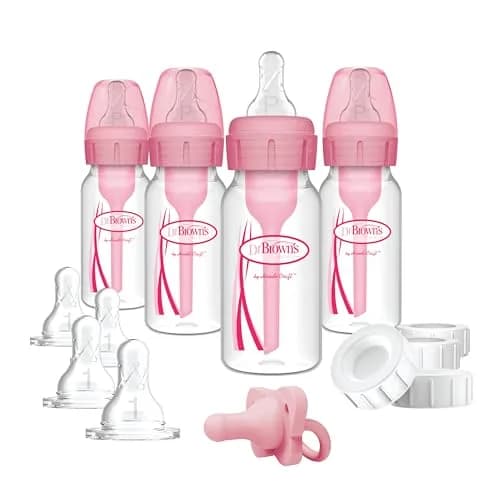 Dr. Brown's Natural Flow Options+ Anti-Colic Baby Feeding Set with Slow Flow Nipples, Travel Caps, Silicone Pacifier - Pink, 120ml (4oz) Bottles thumbnail 1