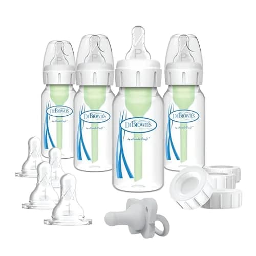 Dr. Brown's Natural Flow Options+ Anti-Colic Baby Feeding Set with Slow Flow Nipples, Travel Caps, Silicone Pacifier - Pink, 120ml (4oz) Bottles — Clear