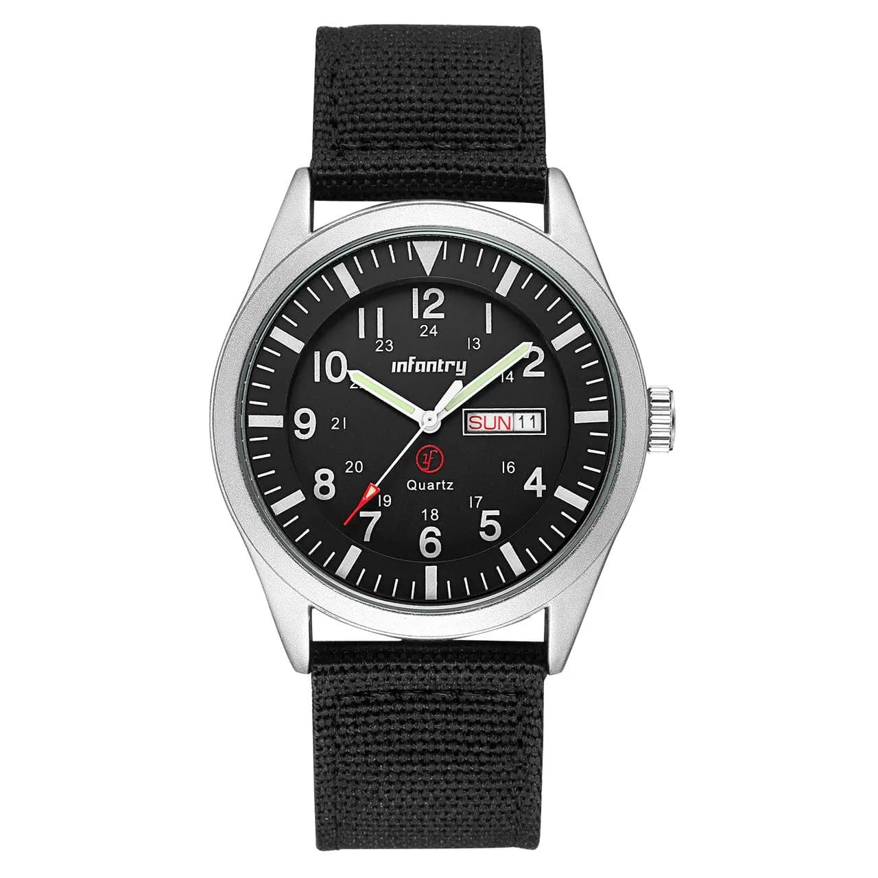 Infantry Men's Military Field Watch 40mm Black Nylon Band | 12/24H Analog Quartz — Silver