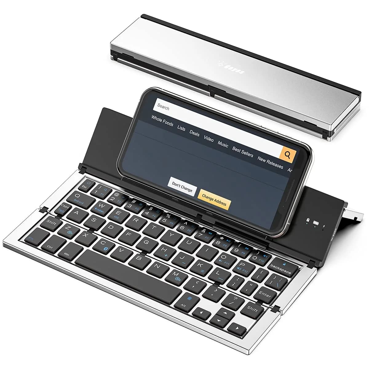 Geyes Foldable Bluetooth Keyboard with Stand | 78-Key QWERTY Layout, Aluminum Alloy, Black — GK608 Silver