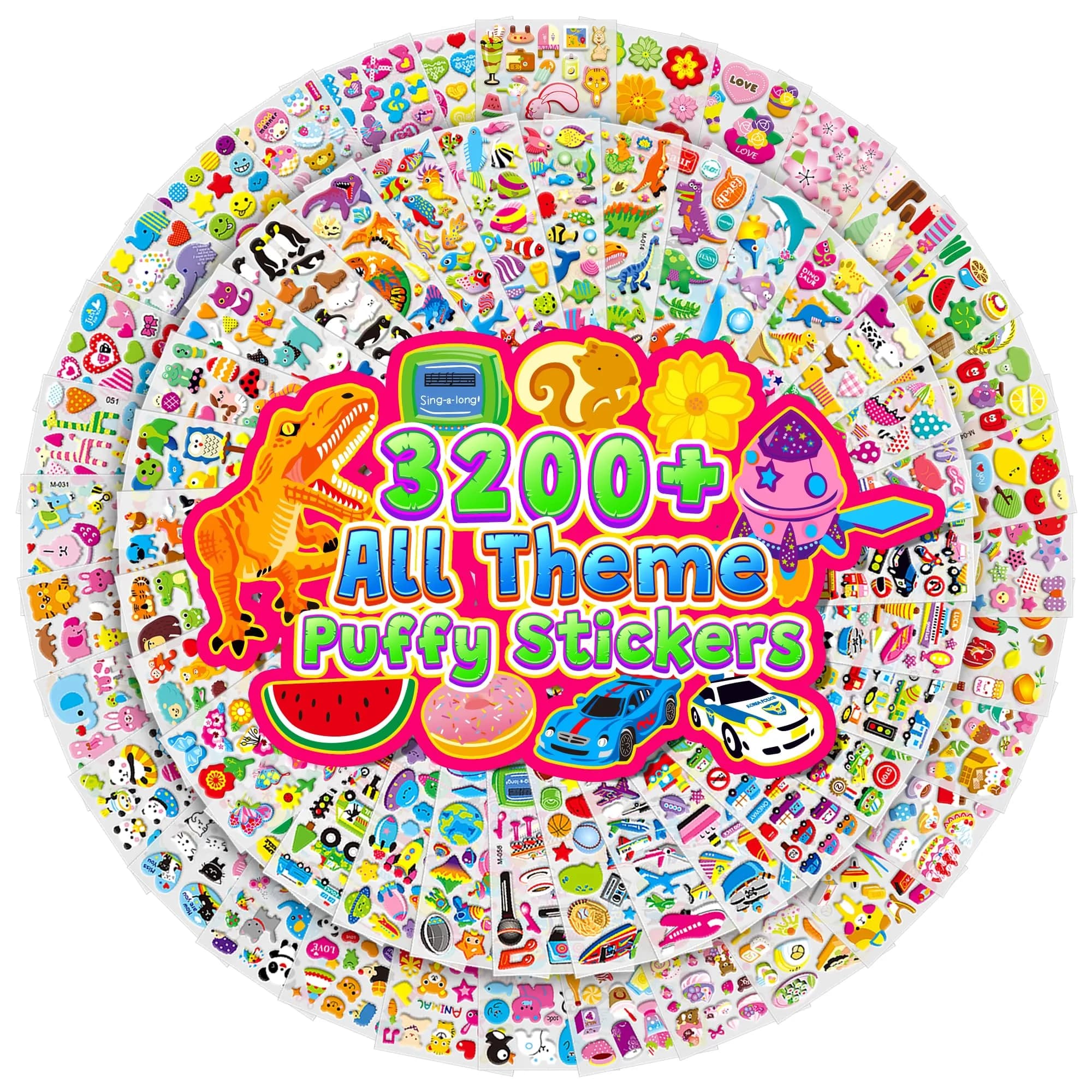 Sinceroduct 3200+ Puffy Stickers for Toddlers & Kids | 64 Sheets, Multicolored 3D Foam Animal & Letter Designs - main product image