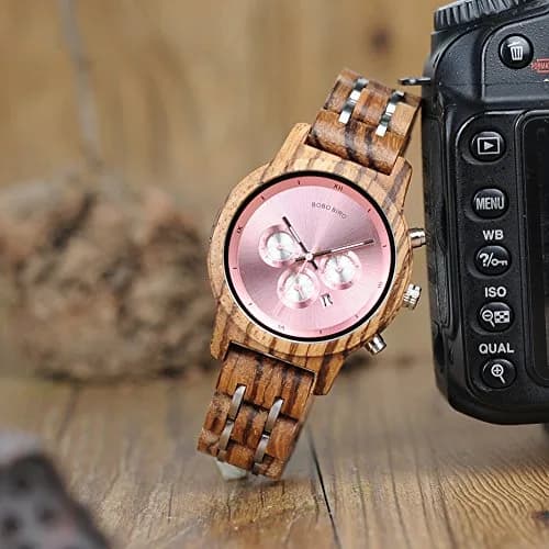 BOBO BIRD Women Wooden Watch Pink | Luxury Zebra Wood Casual & Business (40mm) thumbnail 5