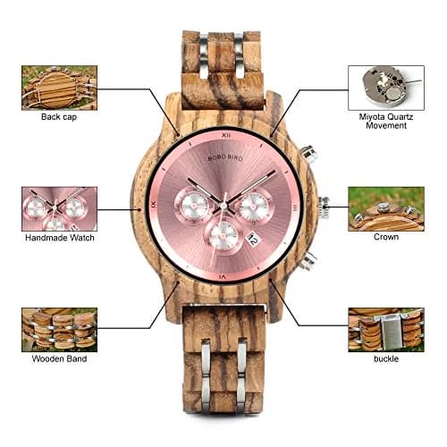 BOBO BIRD Women Wooden Watch Pink | Luxury Zebra Wood Casual & Business (40mm) thumbnail 6