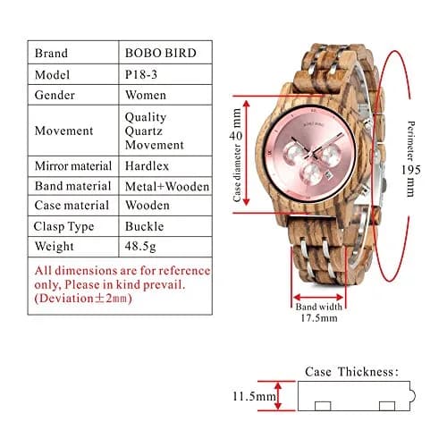 BOBO BIRD Women Wooden Watch Pink | Luxury Zebra Wood Casual & Business (40mm) thumbnail 2