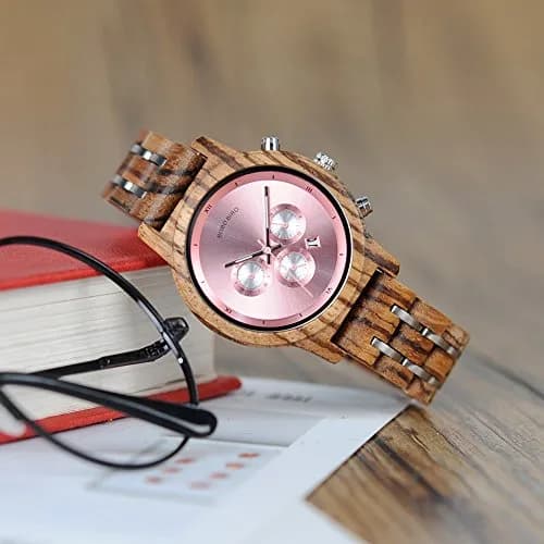 BOBO BIRD Women Wooden Watch Pink | Luxury Zebra Wood Casual & Business (40mm) thumbnail 3