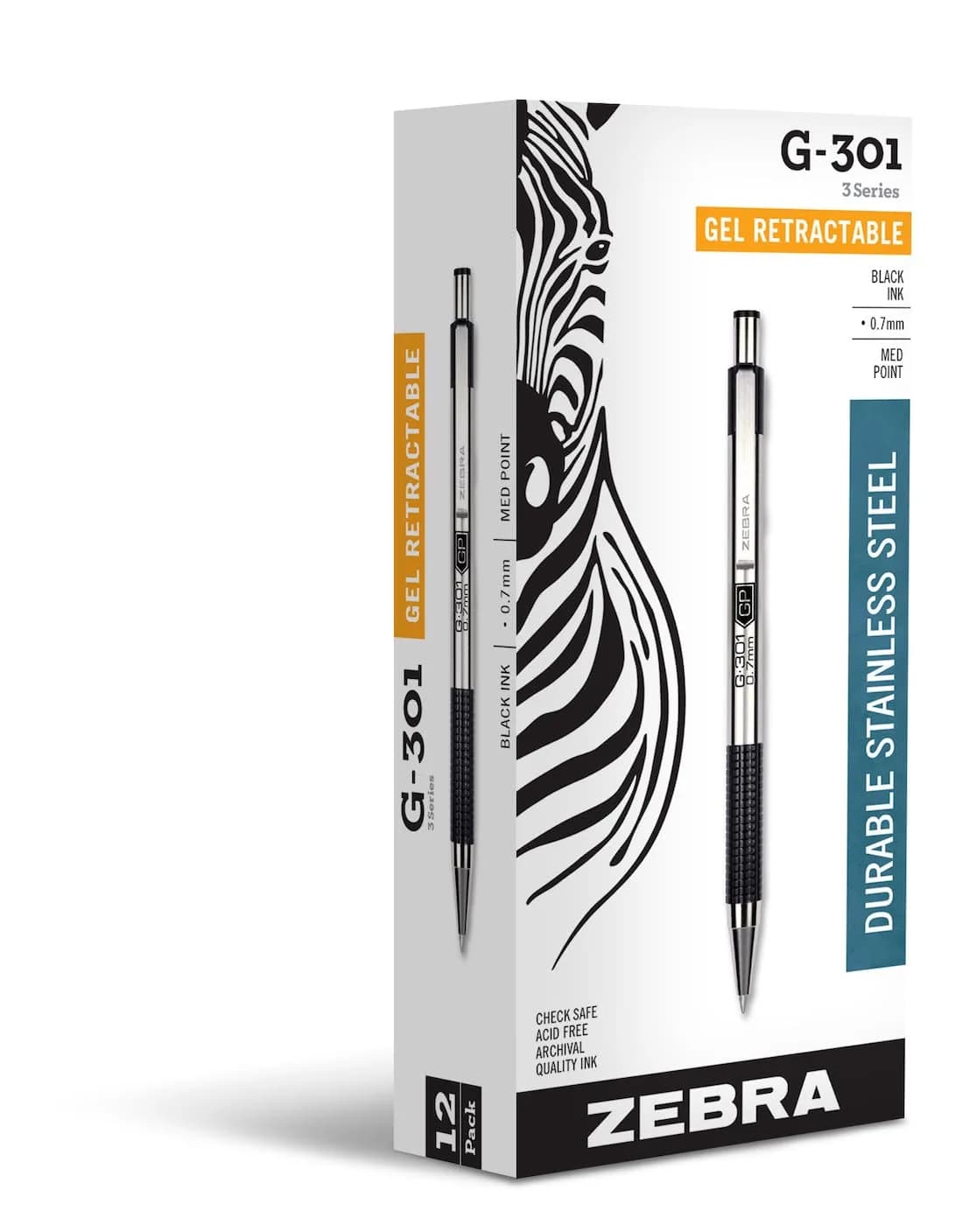 Zebra Pen STEEL G-301 Retractable Gel Pen, Blue Ink, 0.7mm, 2-Pack | Smooth Writing for Students & Professionals — 12-Pack