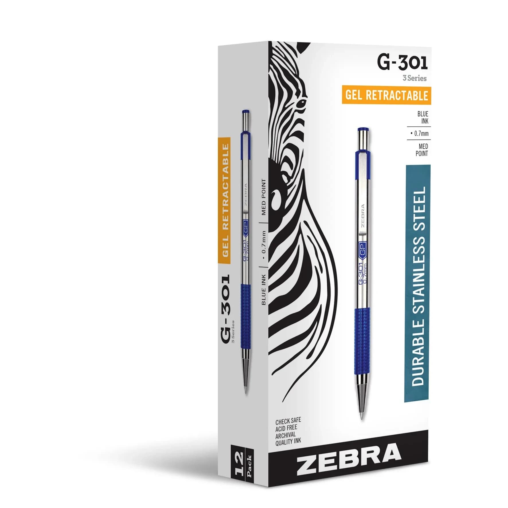 Zebra Pen STEEL G-301 Retractable Gel Pen, Blue Ink, 0.7mm, 2-Pack | Smooth Writing for Students & Professionals — 12-Pack