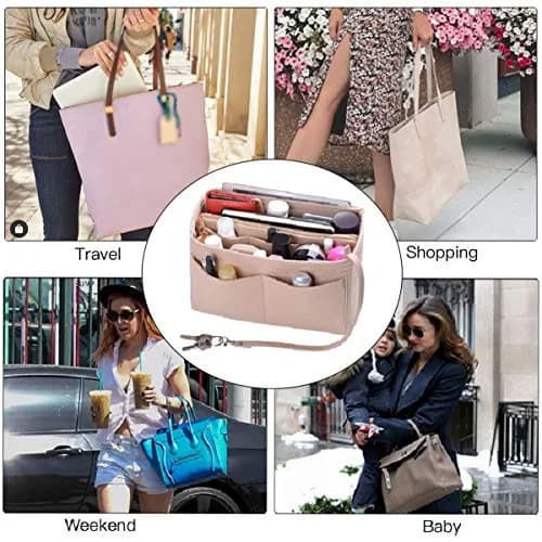 ZTUJO Felt Purse Organizer Insert for Handbags & Totes, X-Large Beige | 13 Pockets, Metal Zipper, Detachable Wallet thumbnail 7