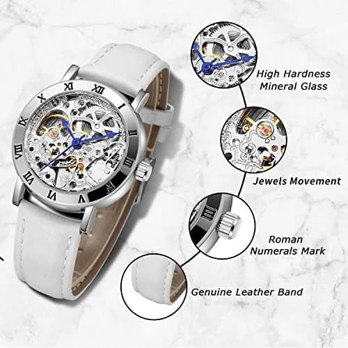 Gute Automatic Skeleton Watch Women Leather Mechanical Stainless | Steampunk Style, 36mm, Water-Resistant thumbnail 3