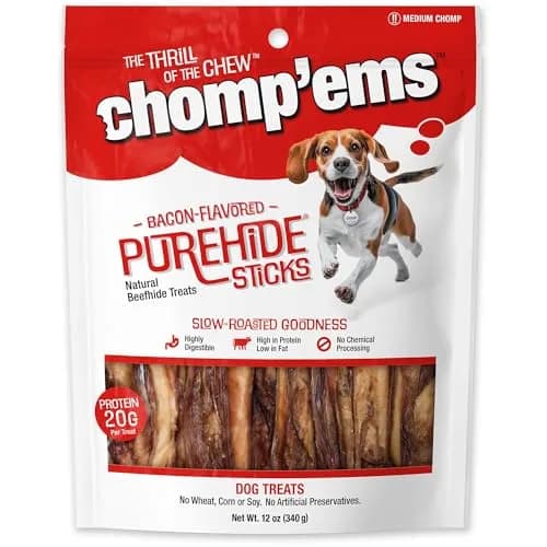 CHOMP 'EMS Bacon Flavored Purehide Sticks 12 oz | Natural Beefhide Dog Chews for All Sizes thumbnail 1
