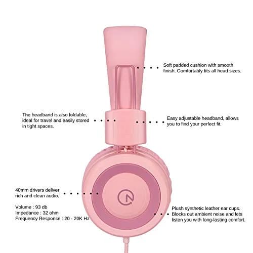 Noot Products K11 Kids Headphones Wired 3.5mm Jack Soft Pink | Tangle-Free, Adjustable & Foldable thumbnail 3