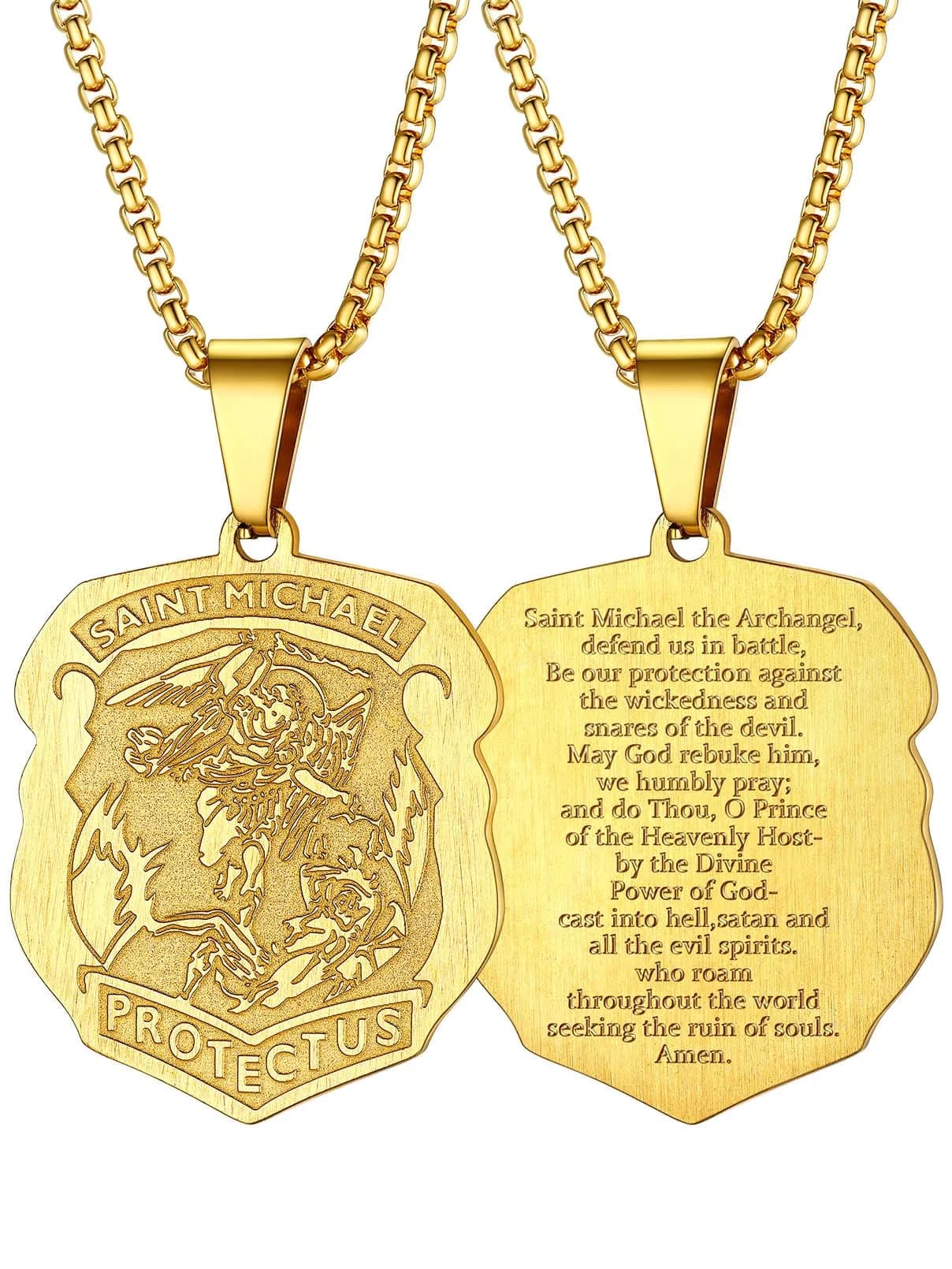 FaithHeart Saint Michael Pendant Necklace for Men, Gold Stainless Steel, 22"+2" Wheat Chain | Archangel Protection Amulet — 20 Inch Chain
