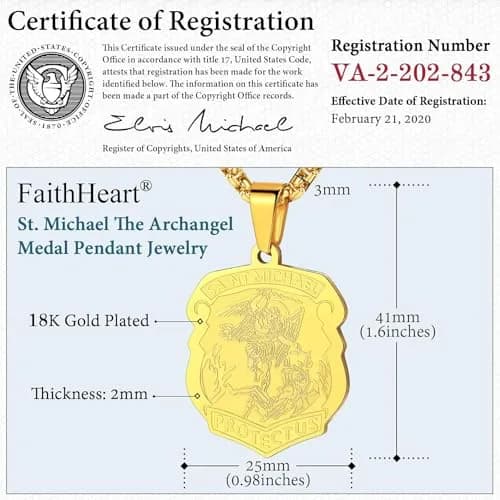 FaithHeart St Michael Archangel Pendant Necklace for Men, 50cm (20+2 inch) Gold Stainless Steel thumbnail 5
