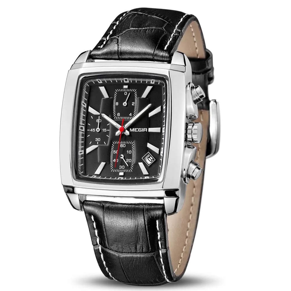 MEGIR Men's Business Analogue Chronograph 38mm | Luminous Rectangle Quartz Watch with Black Leather Strap — Black / Black