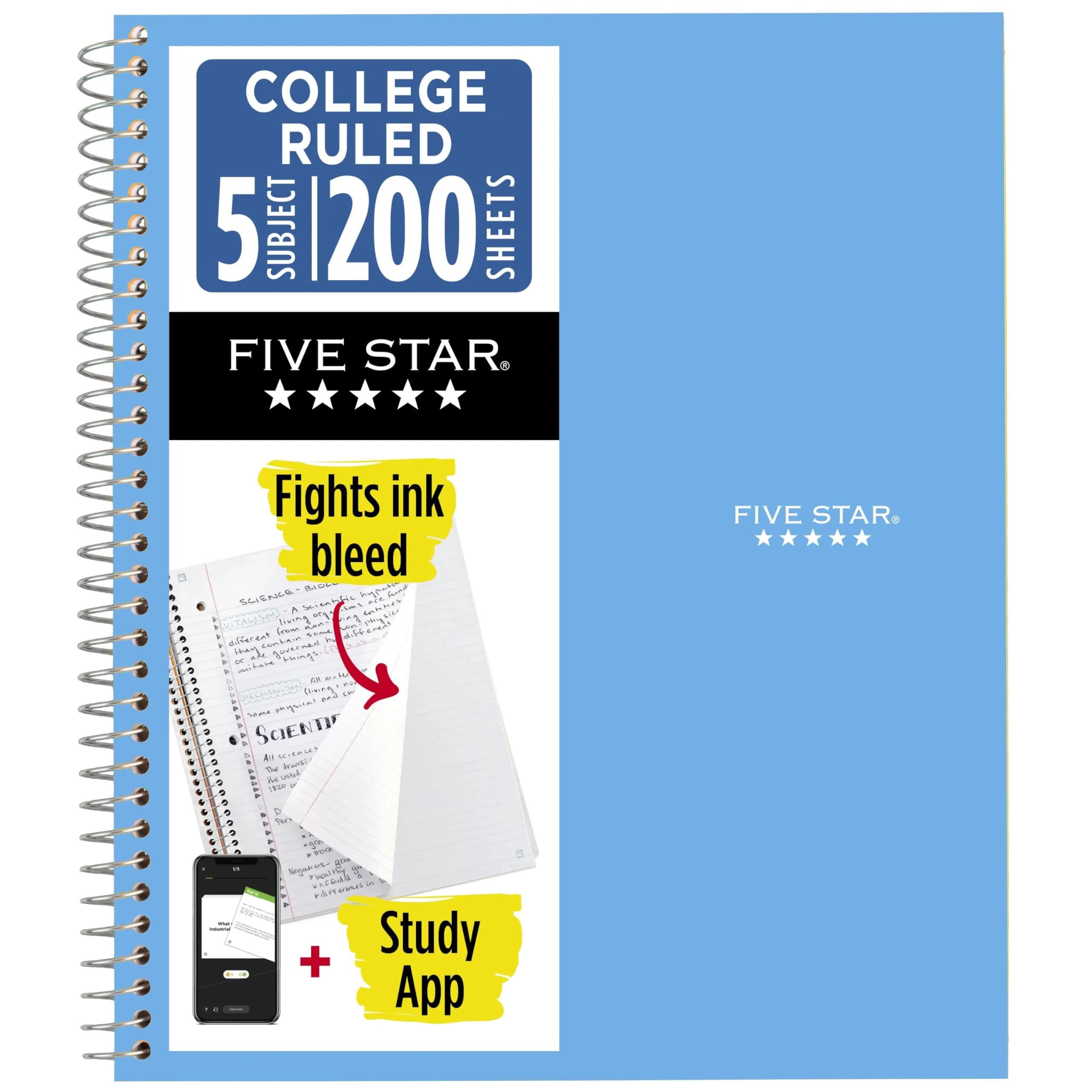 Five Star Spiral Notebook 5 Subject 200 Sheets (8.5" x 11") | Water-Resistant Cover — Blue