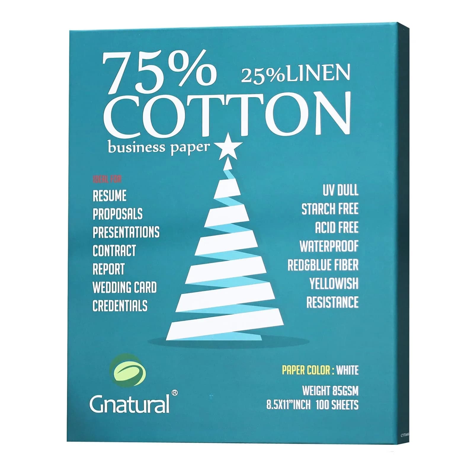Gnatural 75% Cotton 25% Linen Paper 85gsm 21.6 x 27.9 cm (8.5"x11") White 100 Sheets | Fade-Resistant Resume Paper - main product image