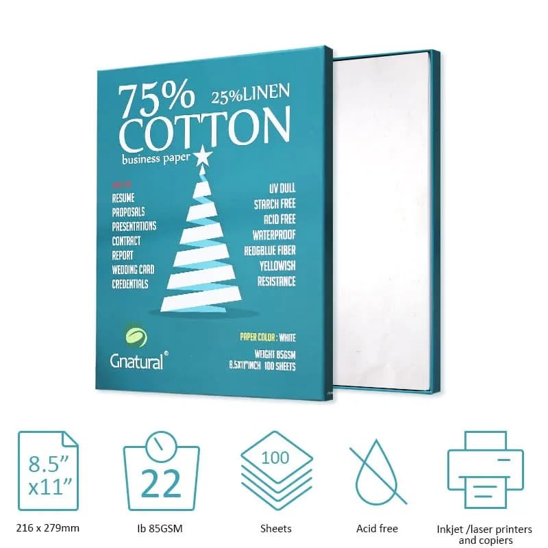 Gnatural 75% Cotton 25% Linen Paper 85gsm 21.6 x 27.9 cm (8.5"x11") White 100 Sheets | Fade-Resistant Resume Paper thumbnail 8