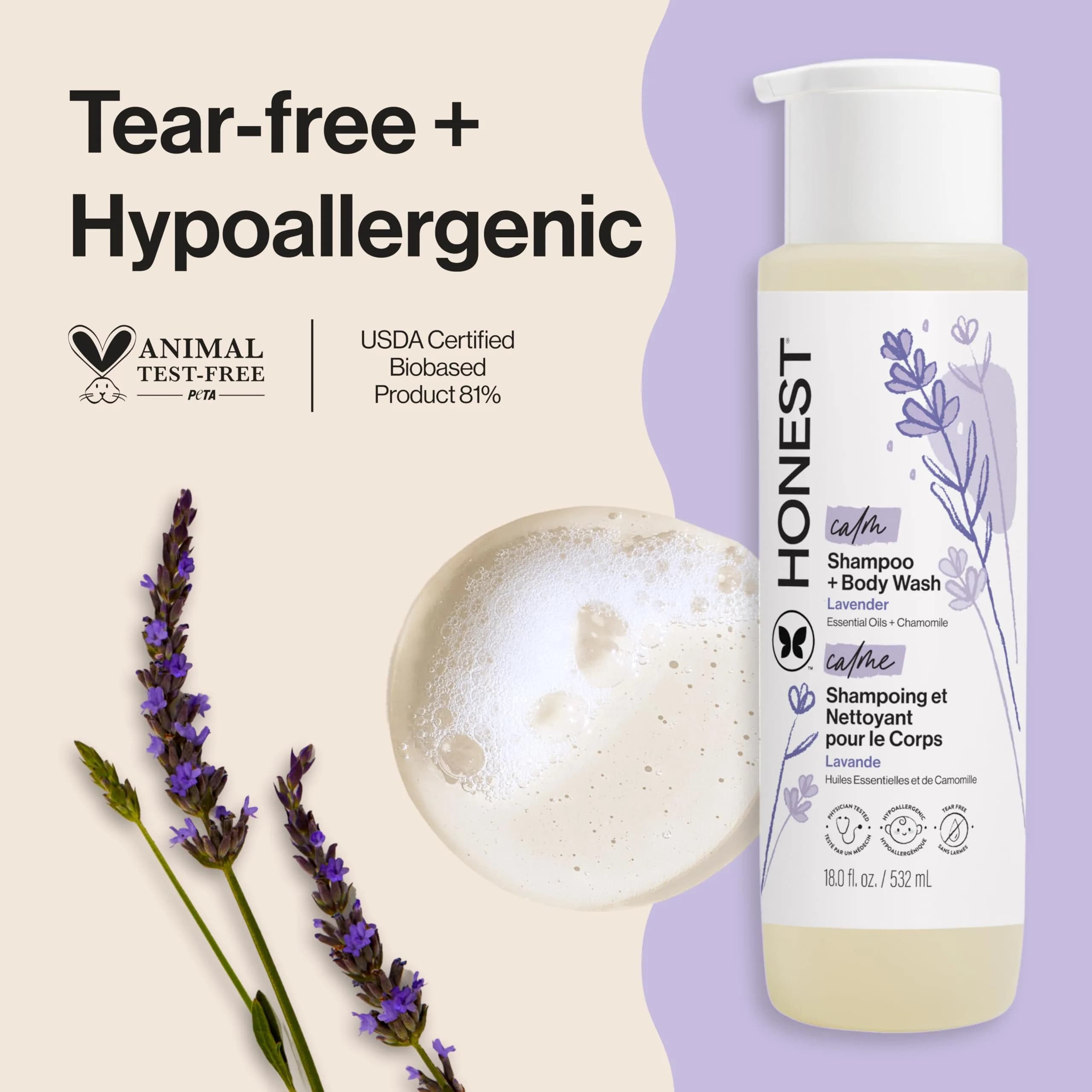 The Honest Company 2-in-1 Baby Shampoo & Body Wash Lavender Calm 530ml (18 fl oz) | Relaxing Cleanse for Baby and Family - main product image
