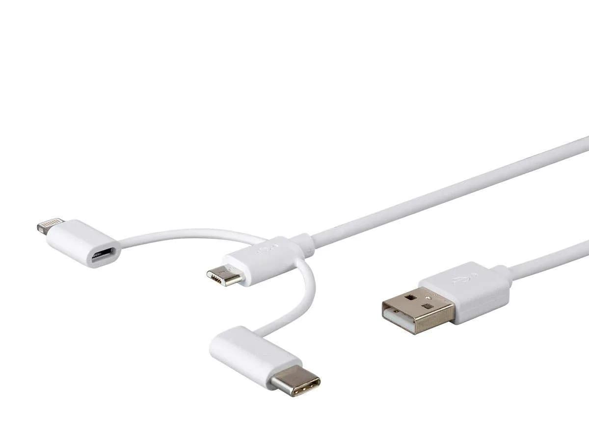 Monoprice 3-in-1 Multiport USB to Micro USB + USB-C + Lightning Charging Cable - 3 Feet, White - main product image