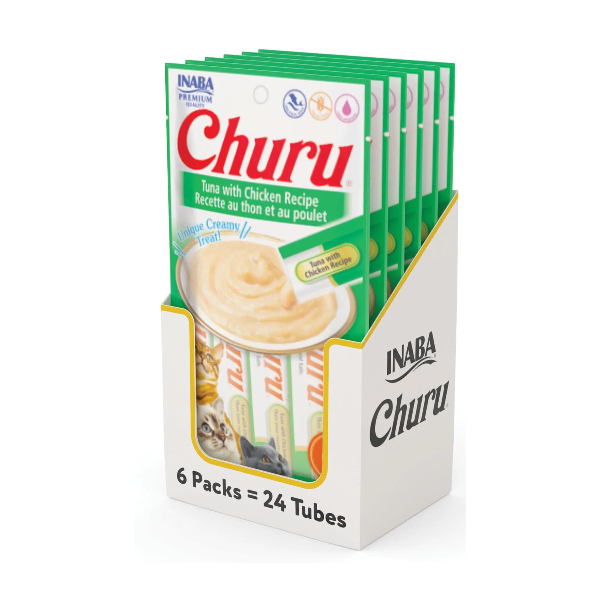 INABA Churu Cat Treats Chicken with Shrimp Recipe Lickable Purée 24 Tubes (12 oz / 336 g) | High Moisture, Low Calorie — Tuna with Chicken Recipe