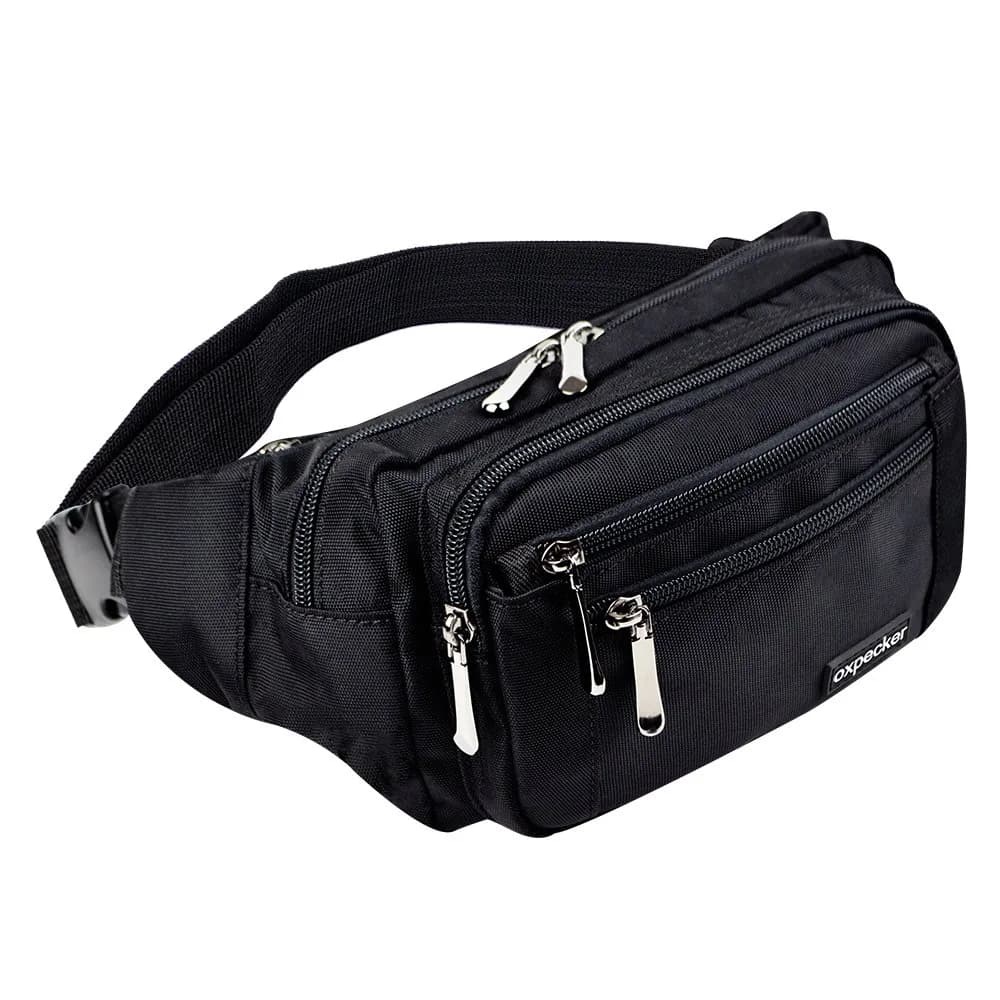 Oxpecker Waist Pack Bag Gray 21.59 cm x 6.99 cm x 13 cm | 5 Pockets, Water-Resistant, Adjustable Strap — black