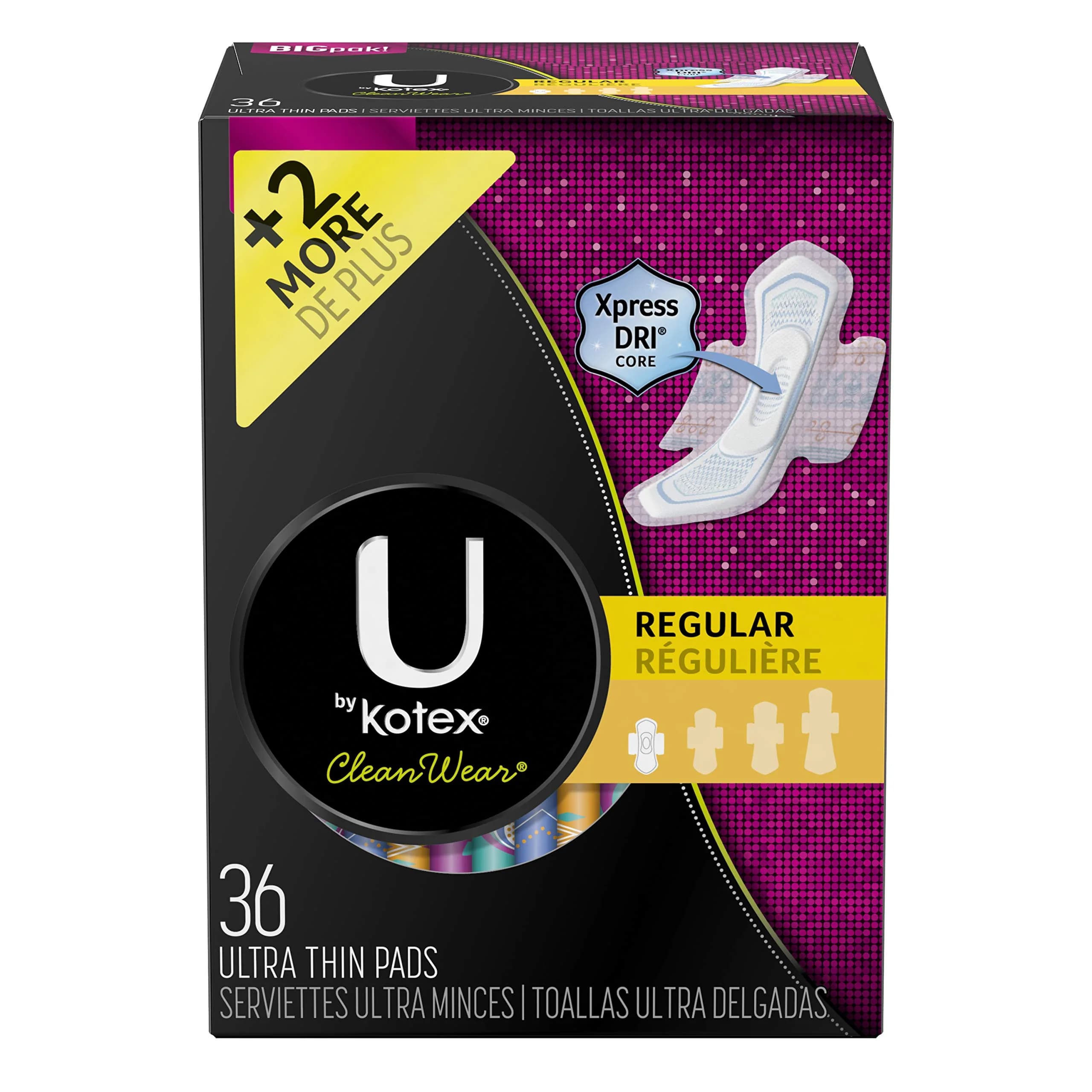 U by Kotex CleanWear Ultra Thin Pads with Wings, Regular, 36 Count | Fragrance-Free Protection for Sensitive Skin