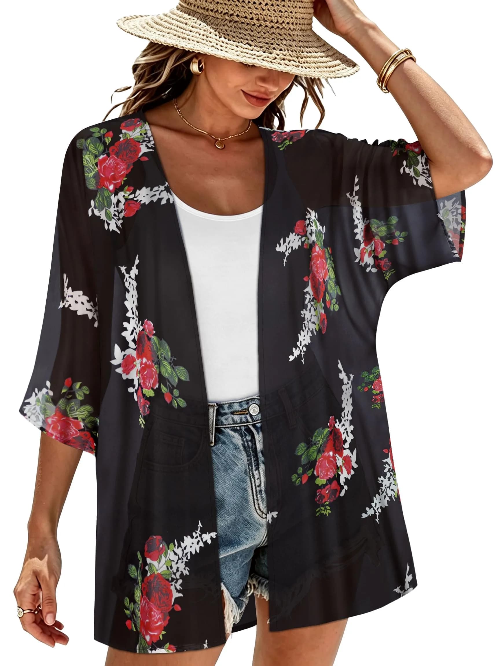CHICGAL Women's Floral Kimono Cardigan Cover Up Casual Tops,Black Floral,M — A Black Floral / Small