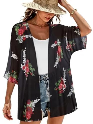 CHICGAL Women's Floral Kimono Cardigan Cover Up Casual Tops,Black Floral,M thumbnail 1